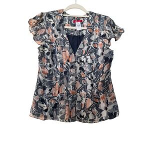 Anne Klein Navy 100% Silk Fitted Ruffle Cap Sleeve V Neck Blouse Sz 10 Floral